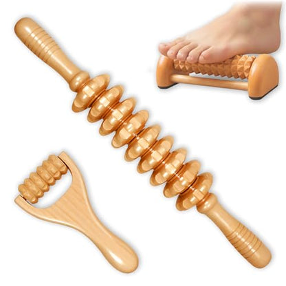 3Pcs Wood Therapy Massage Tools, Lymphatic Drainage & Maderoterapia Kit for Body Sculpting, Anti Cellulite, Wooden Muscle Roller for Deep Tissue, Back, Legs, Foot Roller for Plantar Fasciitis