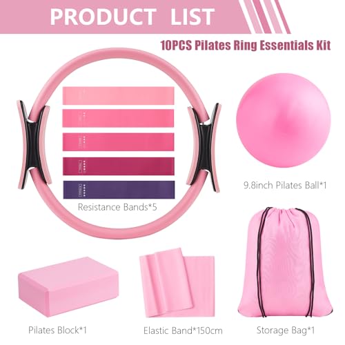 Pilates Kit, Home Workout Equipment for Women | Pilates Ring and Ball, Resistance Bands, Yoga Block, Elastic Band, Fitness Bag for Home Workouts - color: Pink