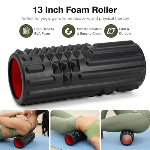 5 in 1 Foam Roller Set for Muscle Recovery & Deep Tissue Massage | Textured Grid Foam Roller, Muscle Roller Stick, Massage Ball, Resistance Band for Physical Therapy, Yoga & Pilates, Black - color: Black
