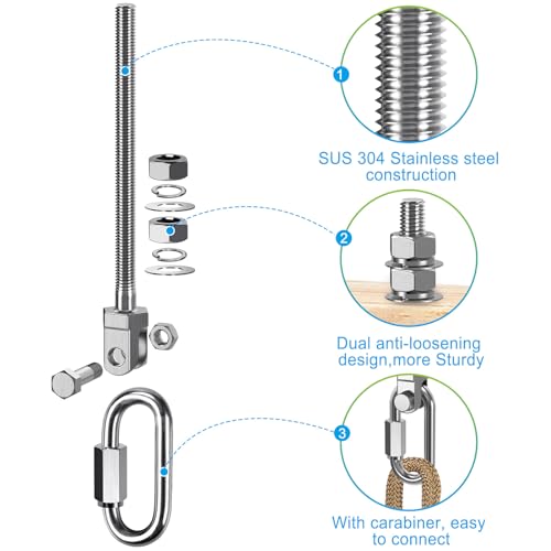 Dolibest Heavy Duty Swing Hanger, 304 Stainless Steel Swing Bolts w/Quick-Connect Carabiner, Swing Hook w/Dual-Screw Locking for Hammock, Yoga Swing, Porch Swing for Wood/Metal Beam-(M10X7'')-1500LB - color: M10X7''-2PCS