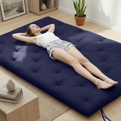 Syrinx Water Resistant Japanese Floor Mattress Futon, King Size 80"x76" | 2.5 Inch Thick Foldable Tatami Mat Sleeping Pad for Dormitory Guest Room Camping - color: Navy Blue, size: King(80"L x 76"W x 2.5"Th)