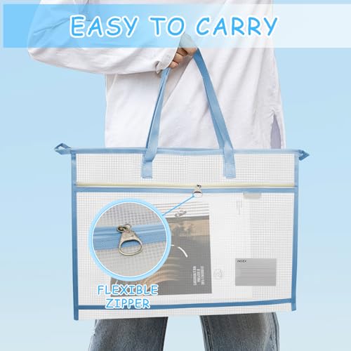 3 Pcs A3 Project Bags for Quilting Craft - Clear Mesh Sewing Bag With Zipper Handles & Pockets for Artworks, Charts and Teaching Material - color: light blue, light pink and light purple