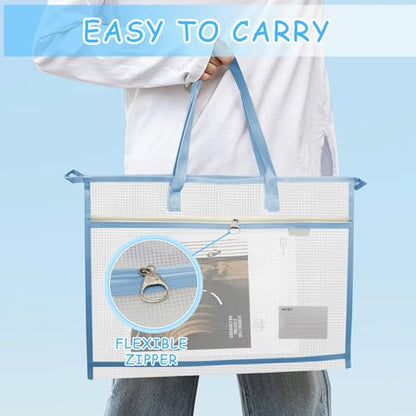 3 Pcs A3 Project Bags for Quilting Craft - Clear Mesh Sewing Bag With Zipper Handles & Pockets for Artworks, Charts and Teaching Material - color: light blue, light pink and light purple