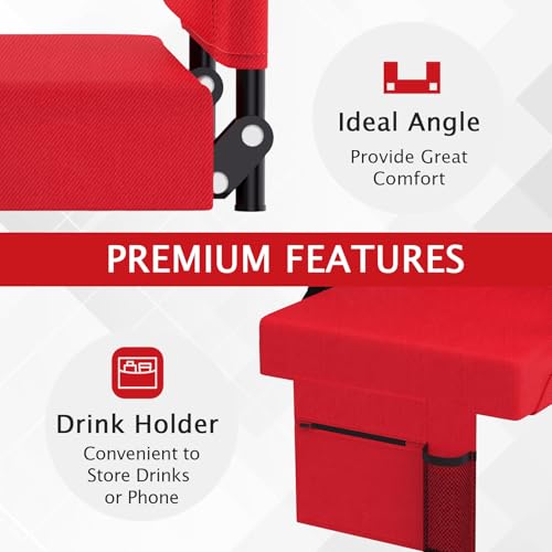 2pcs Stadium Seat for Bleachers with Back Support，Portable Bleacher Chairs with Back and Cushion，Includes Shoulder Strap and Cup Holder - color: Red,2 Pack