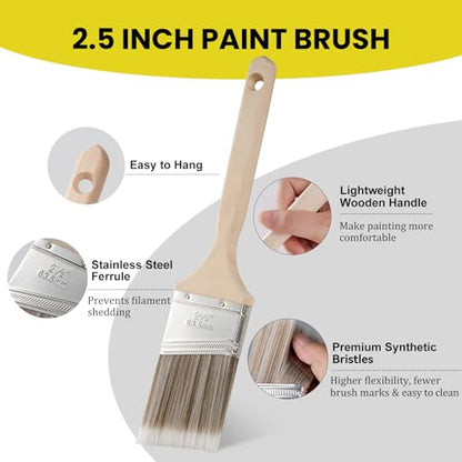 Mister Rui Paint Brush, 2.5 Inch Angled Synthetic Paint Brush for Walls | Sash Brush for Trim, Cabinets, Door, Ergonomic Long Handle, Smooth Finish for Oil & Latex Paint - size: 1PCS, 2.5" Angled