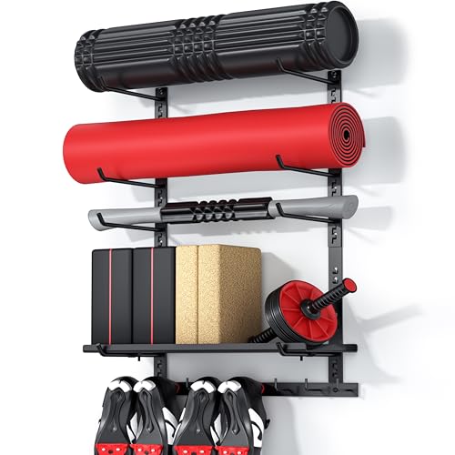 Home Gym Wall Storage Shelf, 1 Board & 4 Adjustable Holders Sets | gym wall storage shelf with 4 adjustable holder sets and 8 hooks for mats, bands, shoes and workout gear - style: With 1 Board
