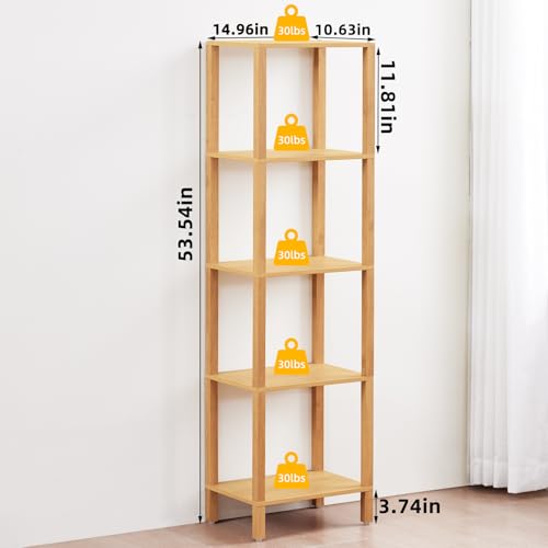 YUFAM 5 Tier Tall Narrow Bookshelf, Skinny Bookcase, Wooden Shelf, Natural - color: Natural, size: 5-Tier