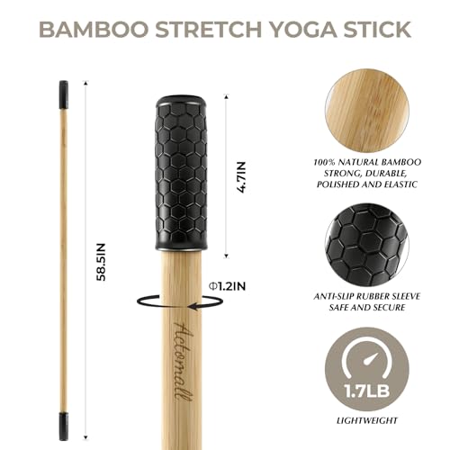 Bamboo Yoga Stick, 58.5-Inch Stretching Stick for Exercise | 58.5 in one-piece bamboo stretch bar with non-slip rubber ends for flexibility, posture, Pilates and therapy exercises