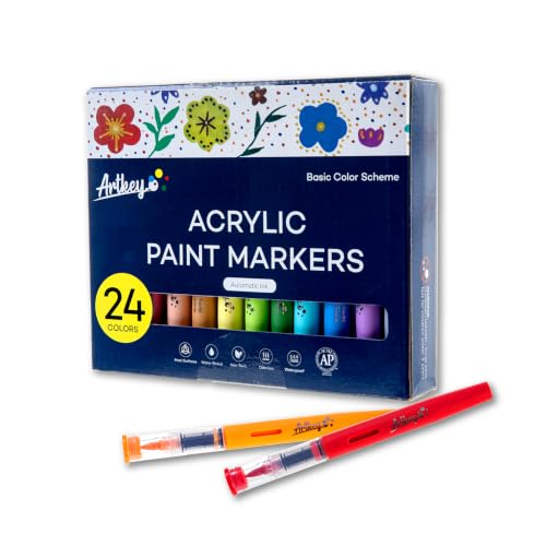 Artkey Acrylic Paint Markers 24 Colors, Direct-Liquid Acrylic Paint Pens with Automatic Ink Control, Flexible Brush Tip Acrylic Markers Set for Rock Painting, Wood, Canvas, Glass, Ceramic, DIY Crafts - color: 24 Colors