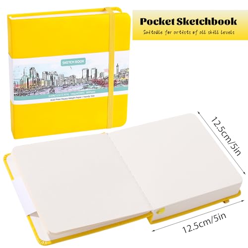 Hardcover Pocket Sketchbook, 5" × 5", 80 Sheets Small Sketch Book, Yellow | 160gsm Acid-Free Paper, Elastic Closure, Ribbon Bookmark, Portable Mini Size for Travel Sketching - color: Yellow