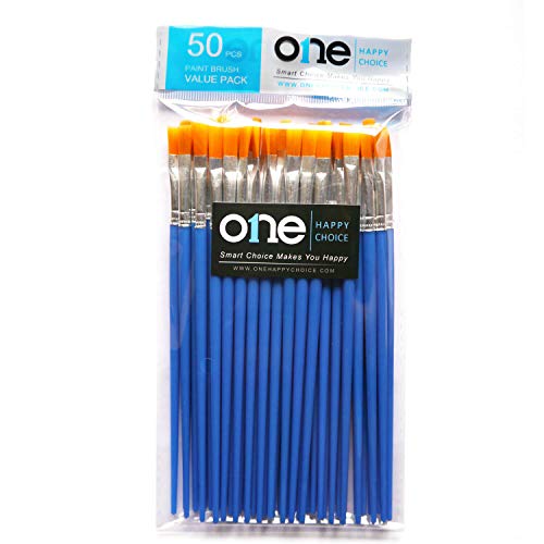 50 Pcs Flat Paint Brushes Value Pack, Synthetic Hair, Short Plastic Handle | Durability, Cleaning Ease for Painting with Acrylic, Oil, Watercolor, Gouache & Enamel for Beginners, Students & Teachers