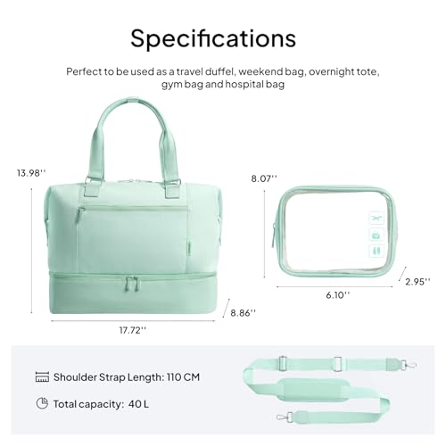 Travel Duffle Bag for Women, 40L Weekender Bags Airline Approved Carry On with Shoe Compartment & Waterproof Wet Pocket, Durable Nylon Weekender Overnight Bag for Travel, Gym, Business Trip, Green - color: Green