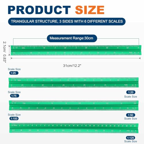 HARFINGTON 2 Pcs Architectural Scale Ruler, 12 Inch Metric Aluminum Alloy Architect Triangular Small Scale Laser-Etched Blueprint Drafting Ruler for Architects Engineers, Green - color: Green, size: 12 Inch