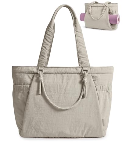 BAGSMART Yoga Pilates Tote Bag for Women with Knotted Handle, Gym Bag | 23L lightweight & waterproof shoulder sling bag, gym bag with yoga mat holder, for 15.6'' Laptop, ideal for work travel - color: Brown
