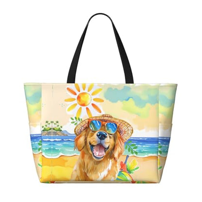 Large Beach Bag for Women Waterproof Foldable Travel Shoulder Tote Bag with Pocket for Weekender Pool Vacation - color: Dog Yellow