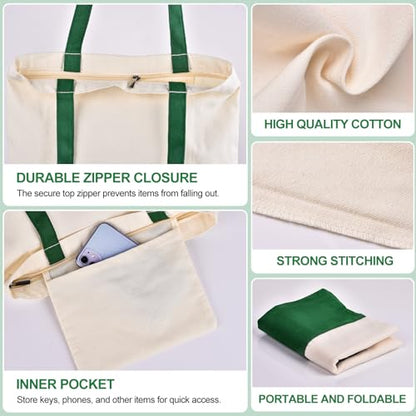 Canvas Tote Bag with Zipper for Women, Halloween Trick or Treat Bags Bulk | 13.8" x 15.3" Fashionable Two-Tone Cotton Tote Bag for Crafts, DIY Your Creative Designs - color: [A2] Beige / Green