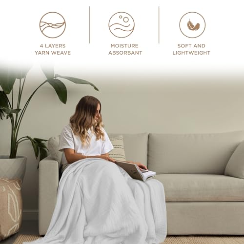 Threadmill Cotton Throw, Muslin, White, 4-Layer, Lightweight, Breathable | 100% Cotton, Muslin Weave, 50x65 in, Breathable, All-Season, Lightweight, OEKO-TEX Certified, Machine Washable - color: White, size: Throw