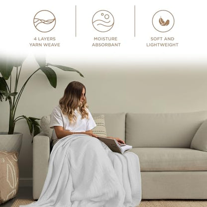 Threadmill Cotton Throw, Muslin, White, 4-Layer, Lightweight, Breathable | 100% Cotton, Muslin Weave, 50x65 in, Breathable, All-Season, Lightweight, OEKO-TEX Certified, Machine Washable - color: White, size: Throw