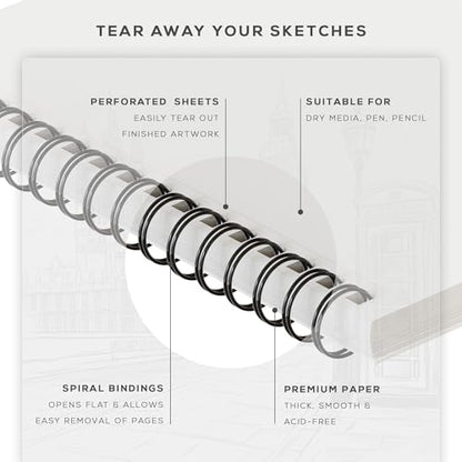 BEECHMORE BOOKS A4-9"x12" & A5-5.6"x8.5" Spiral Sketchbook - 100 Perforated Sheets 140 GSM Acid-Free White Paper, Professional Artist Sketch Pad, Art Supplies for Adults Students Drawing Notebook