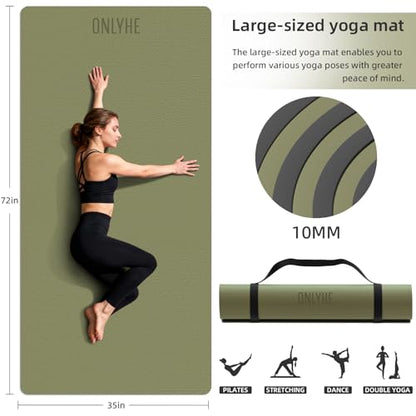 Wide Yoga Mat Thick(10mm) Exercise Mat Non Slip Anti-tear,72"x35" Extra Large Pilates Mats for Home Workouts, Gym & Floor Stretching with Carrier Strap - color: Dark green + Black