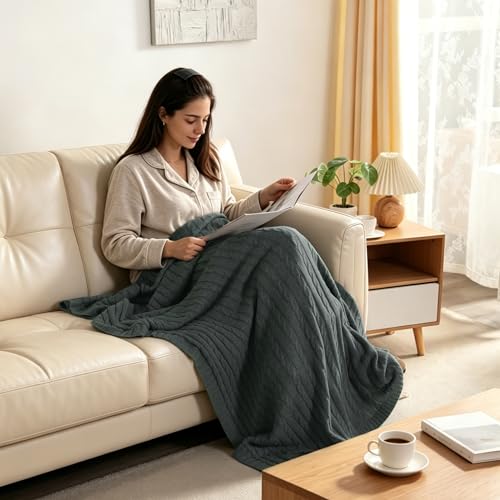 NTBAY Cotton Cable Knit Throw Blanket, 51 x 67, Grey and White - color: Grey and White, size: Throw(51"x67")