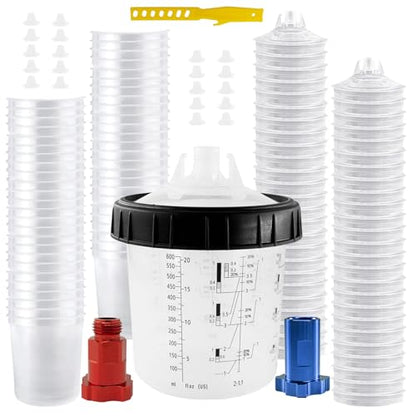 RRJ Disposable Paint Cup Spray Gun Cup, Paint System for LVLP and HVLP Spray Gun Kit 600 ML Mixing Cup with 50 Cups Liners and Lids, 1 Hard Cup with Retainer Ring, 2 Cup Adapter, Stirrer - color: 20 Ounce (600ml) Kit-50PCS