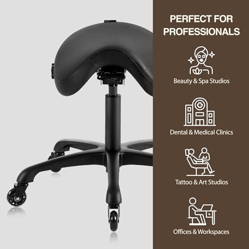 Ergonomic Saddle Chair, Adjustable Rolling Stool with Forward Tilt - color: Black
