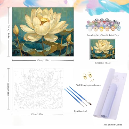Natuyalo Paint by Numbers for Adults - DIY Adult Paint by Number Kits Painting on Canvas Lotus Painting by Numbers for Beginners, Plant Art Craft Kits for Adults (16x20 Inch) - color: ART-08