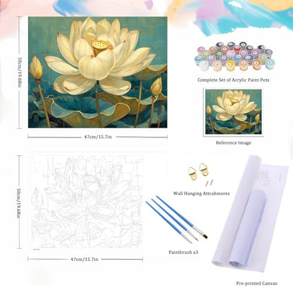 Natuyalo Paint by Numbers for Adults - DIY Adult Paint by Number Kits Painting on Canvas Lotus Painting by Numbers for Beginners, Plant Art Craft Kits for Adults (16x20 Inch) - color: ART-08