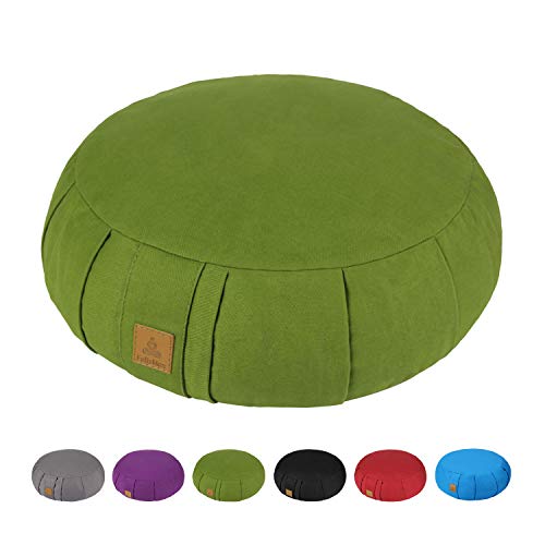 Round Zafu Meditation Cushion, D=15" H=5.5" Zabuton Meditation Pillow, Yoga Bolster/Pillow, Floor seat, Zippered Organic Cotton Cover, Natural Buckwheat, Kneeling Pillow - color: Green