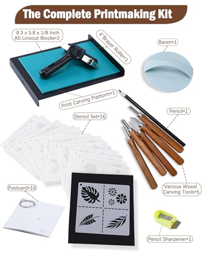 UCEC 38Pcs Linocut Kit with 12 Carving Tools, Brayer, Baren & Lino Blocks | Complete Block Printing Starter Set for Beginners, Includes 12 Wood Handle Carving Tools, A5 Linoleum Blocks, Brayer & Baren - color: Block Printing Kit-38 Pack