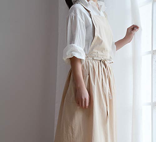 Cotton Pleated Apron Retro Waterdrop Proof Garden Cleaning Pinafore Dress - color: Wheat