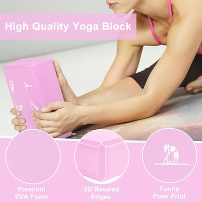 2 Yoga Block and 2 Yoga Strap Set,Non-slip EVA Foam Blocks, High Density Yoga Bricks with 6ft Strap, Supportive Latex-Free Yoga Block Accessories for Pilates - color: Pink