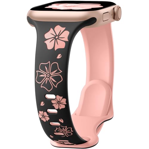 Lerobo Slim Thin Two-Tone Compatible with Apple Watch Band 40mm 38mm 41mm 42mm 44mm 45mm 46mm 49mm for Women- Soft Cute Flower/Heart Engraved Sport Band for iWatch Series 11 10 9 8 7 6 5 4 3 SE Ultra - color: C Black/Pink, size: 44mm/45mm/46mm/49mm/(42mm-