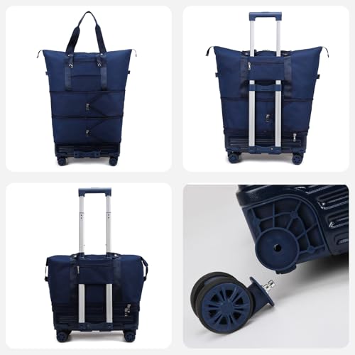 Expandable Rolling Travel Bag with Removable Wheels & Handle, Large Capacity Wheeled Duffle Tote, Foldable Carry On Luggage for Women, Lightweight Weekender Overnight Bag (DarkBlue) - color: DarkBlue