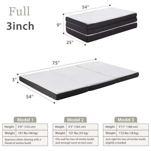Tri Fold Memory Foam Foldable Mattress Full, 3 inch Folding Mattress for Guest Sleep. Portable Trifold Mat with Removable Washable Cover, Floor Sleeping Mat for Adult and Kid - size: Full