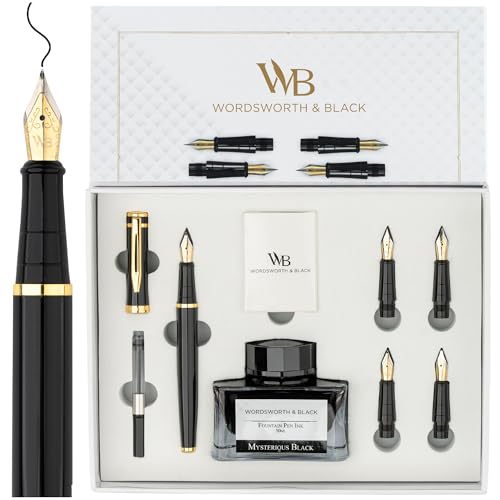 Wordsworth & Black Luxury Fountain Pen Set for Writing, 6 Nibs, Black Gold | Fountain Ink Bottle, Cartridges & Refill Converter, Refillable, Black, High End Gift for Men & Women, Journaling & Lettering - color: Black Gold