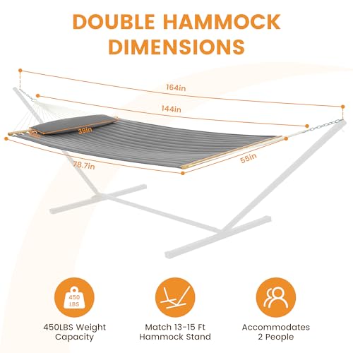 Lazy Daze 12 FT Double Hammock with Spreader Bar for Outside, Light Gray | 2 Person Heavy Duty Hammock with Detachable Pillow and Carabiners for Outdoor Backyard Poolside, 450lbs Weight Capacity - color: Light Gray
