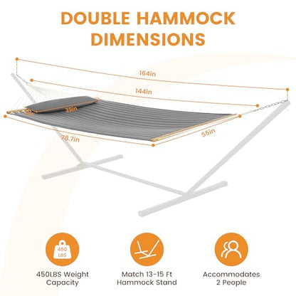 Lazy Daze 12 FT Double Hammock with Spreader Bar for Outside, Light Gray | 2 Person Heavy Duty Hammock with Detachable Pillow and Carabiners for Outdoor Backyard Poolside, 450lbs Weight Capacity - color: Light Gray