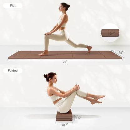 PAIDU Foldable Yoga Mat 10mm Thick, 75"x26" Non-Slip Fitness Exercise Mat - color: Brown