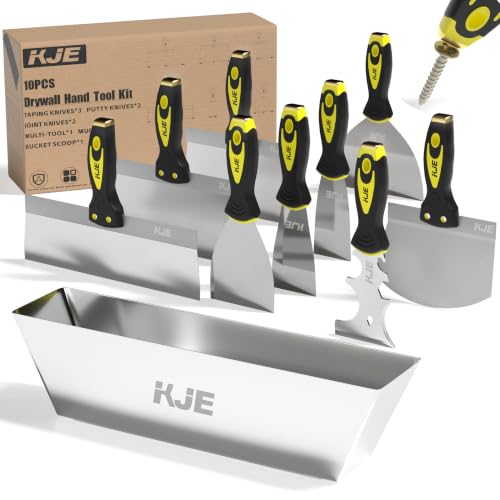 KJE 10PCS Drywall Tools, Drywall Knife set, Drywall Tool Kit includes Taping knives, Putty Knives, Joint Knives, and a Mud Pan, for Wall Work, Espatulas Para Construccion