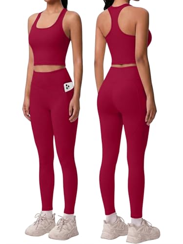 2 Piece Workout Sets for Women Racerback Tank High Waisted Pocket Leggings No Front Seam Tummy Control Butt Lifting - color: Wine Red, size: Medium