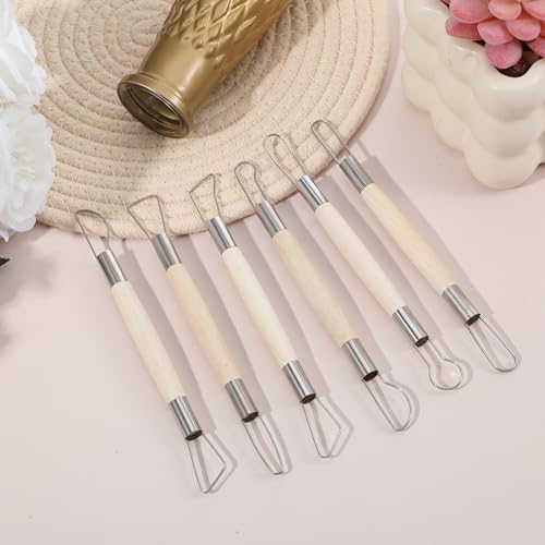 6PCS Double-Sided Clay Sculpting Tool Set, Wooden Handle Pottery Trimming Tools with Stainless Steel Wire Loop, Clay Carving Sculpture Kit for Ceramics Wax Pottery
