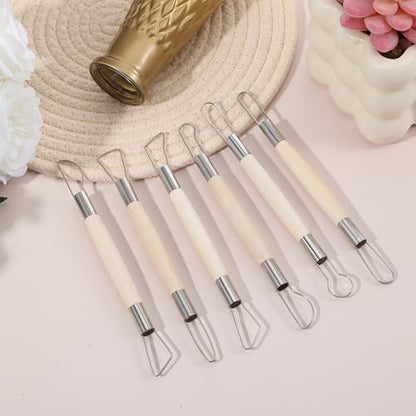 6PCS Double-Sided Clay Sculpting Tool Set, Wooden Handle Pottery Trimming Tools with Stainless Steel Wire Loop, Clay Carving Sculpture Kit for Ceramics Wax Pottery