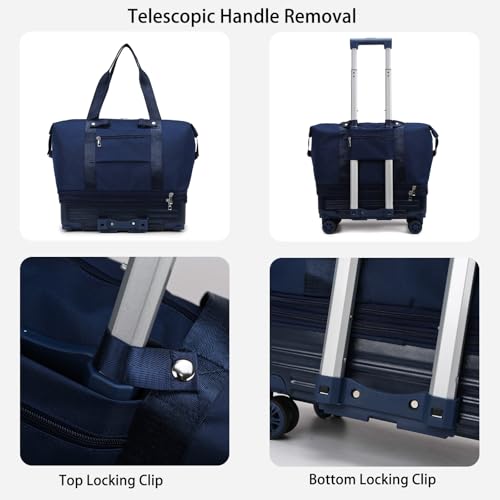 Expandable Rolling Travel Bag with Removable Wheels & Handle, Large Capacity Wheeled Duffle Tote, Foldable Carry On Luggage for Women, Lightweight Weekender Overnight Bag (DarkBlue) - color: DarkBlue