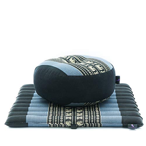 Leewadee Meditation Cushion Set – 1 Small Zafu Yoga Pillow and 1 Small Roll-Up Zabuton Mat Filled with Kapok - color: Sf15 - Blue