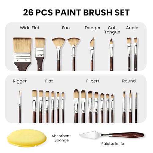 26pcs Paint Brush Set, Professional Paintbrushes with Palette Knife & Self-Standing Case, Nylon Paint Brushes for Acrylic Paint, Oil, Watercolor, Art Supplies for Artists Beginners