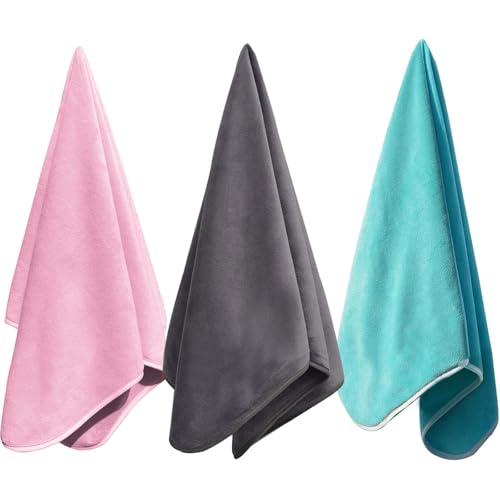 Microfiber Gym Towels Bigger Size Super Soft for Exercise Fitness, Sports | Highly Absorbent Workout Towel, 380-GSM 15 x 31-Inch Quick-Drying Yoga Towels (3 Pack, Pure Teal+Pink+Grey) - color: Pure Green+pink+grey, size: 3P-15x31 inches