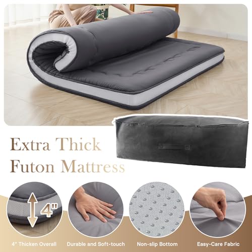 Auemtyn Japanese Floor Mattress, 4" Japanese Futon Mattress, Foldable & Portable Shiki Futon (shikibuton), Roll Up Thicken Sleeping Tatami Mat Sleeping Pad for Camping (Grey, 54 x 80)