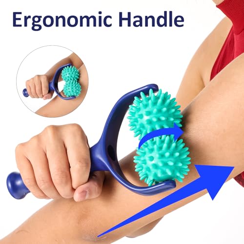 Handheld Spiky Massage Balls Rollers, 2 Wheel Spiky Massage Ball Rollers Silicone Manual Massage Roller with Handle Pressure Point Muscle Massage Tool for Foot Arm Body Neck Leg Pain Pressure Relief - color: Blue Green